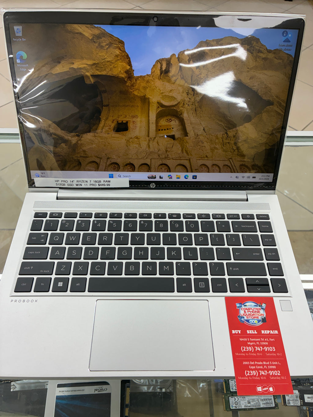 HP 14” Pro Laptop Ryzen 7 16GB RAM 512GB SSD Win 11 Pro