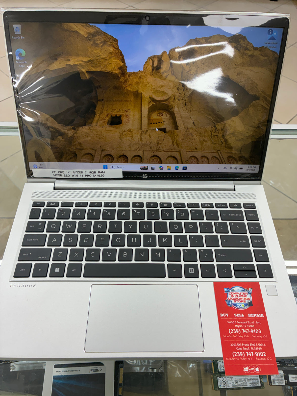 HP 14” Pro Laptop Ryzen 7 16GB RAM 512GB SSD Win 11 Pro