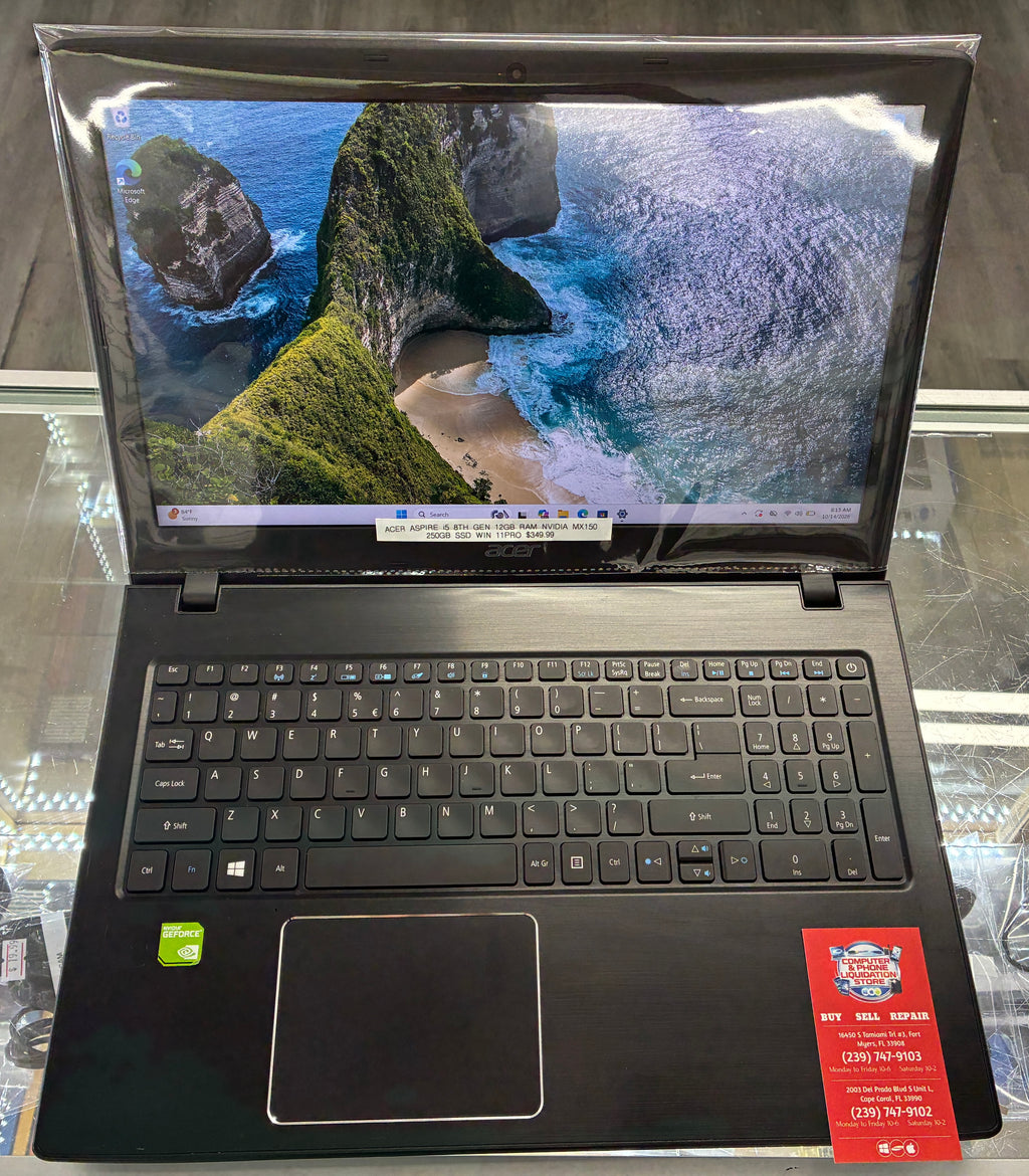 Laptop Acer Aspire 15.6” i5 8th Generation 12GB Ram Nvidia Geforce MX150 2GB 256GB SSD Windows 11 Pro.